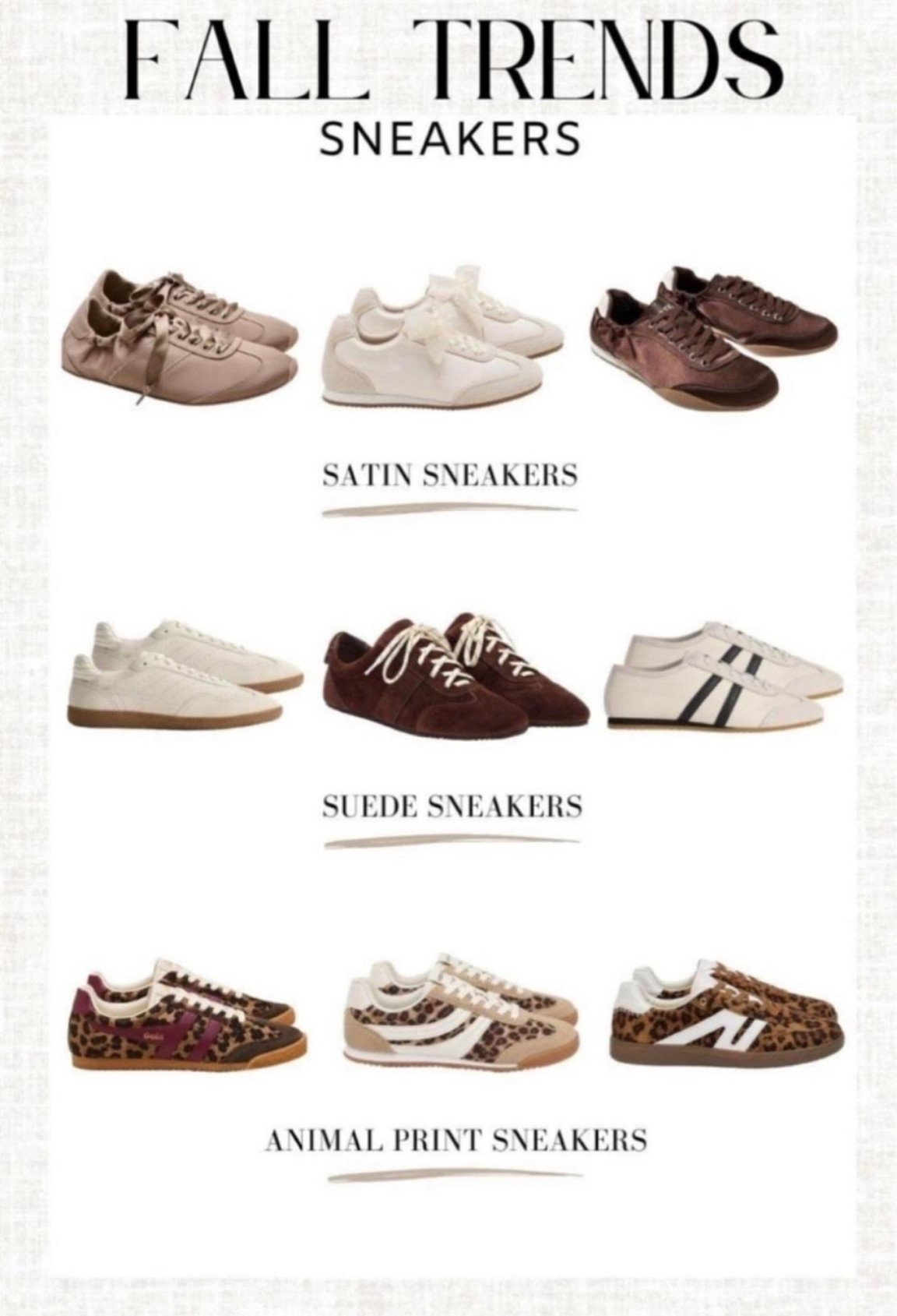 Fall sneakers are getting GOOD 👟 Satin, suede and animal print are everywhere right now and I’m here for all of it. Such an easy way to make a basic jeans-and-sweater outfit feel more current.

fall sneaker trends, satin sneakers, suede sneakers, animal print sneakers, casual fall style, midsize fashion, size 12/14

#LTKgrwm #LTKActive #LTKTravel