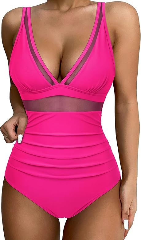 SUUKSESS Women Sexy Mesh Tummy Control Swimsuit Push Up High Waisted Bathing Suit | Amazon (US)