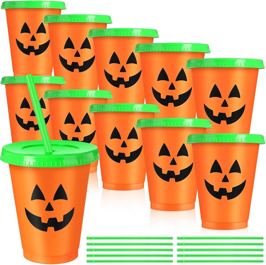 Skylety 10 Pcs Halloween Plastic Cups With Lids and Straws 16 oz Pumpkin Cups Jack O Lantern Cups... | Amazon (US)