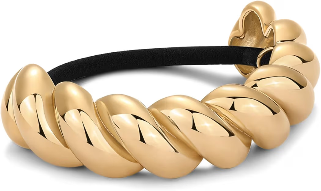 PAVOI 14K Yellow Gold Plated Waterproof Chunky Croissant Metal Hair Cuff for Women - Stainless Steel Statement Ponytail Cuff Fashion Accessories - Twisted Stretchy Gold Hair Ties for Ponytails | Amazon (US)