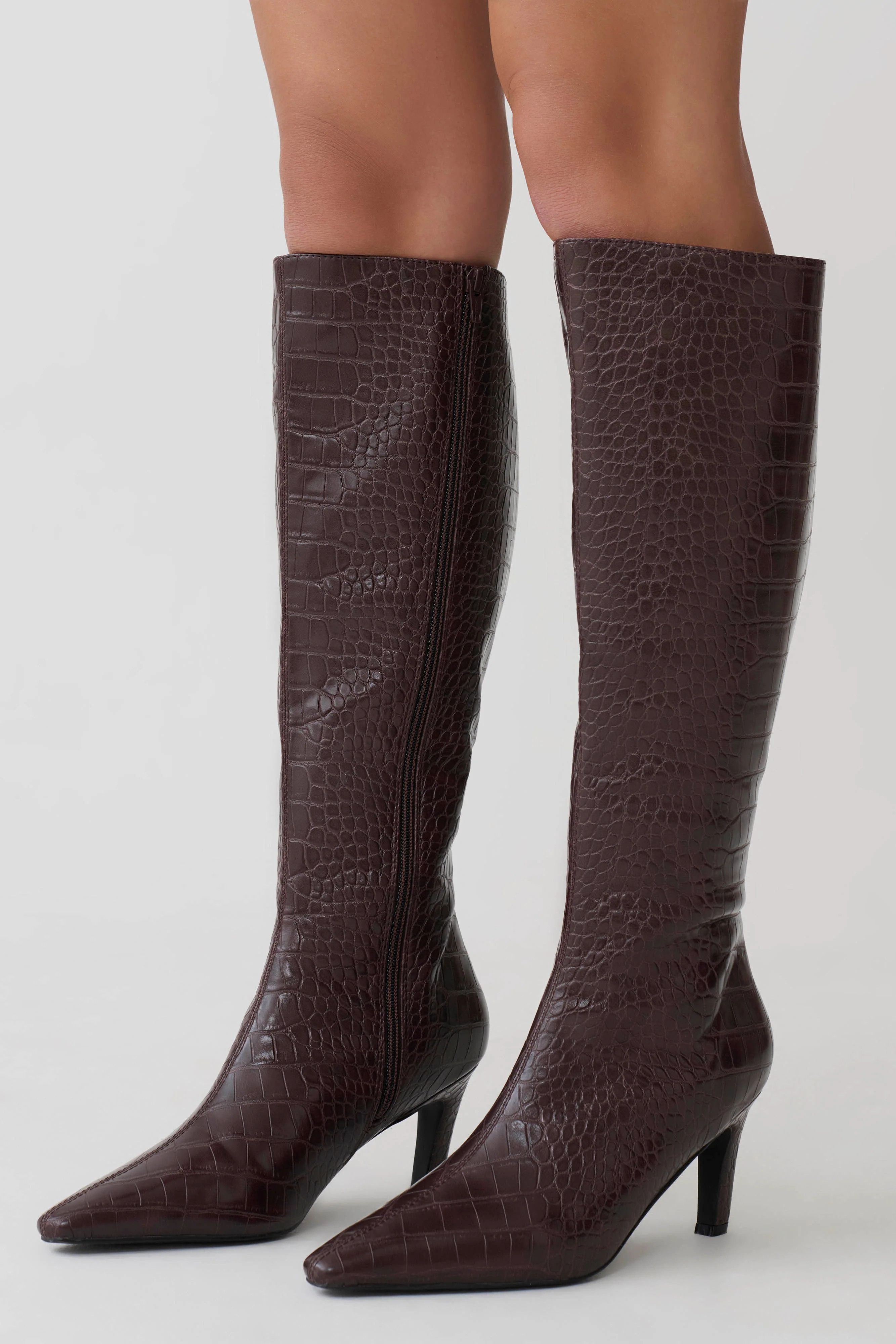 Faux Leather Crocodile Boot - Chocolate | MESHKI US