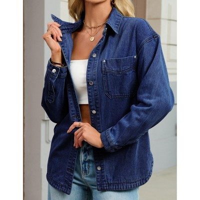 Women's Denim Shirt Jacket Button Down Chest Pockets Casual Long Sleeve Top Dark Blue M | Target