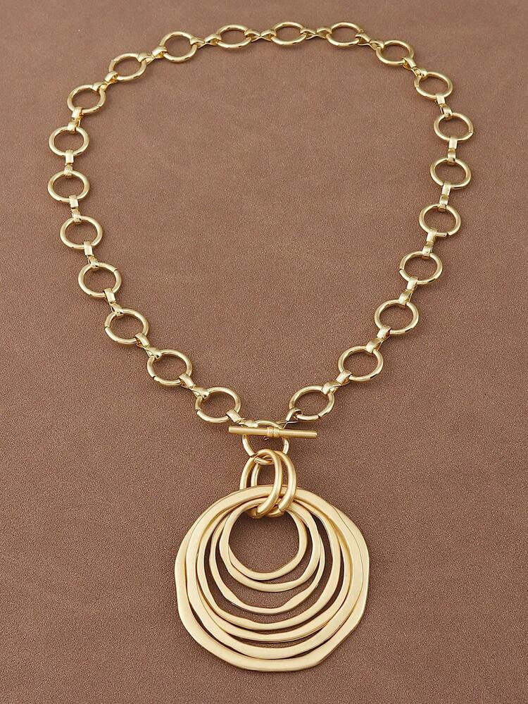 1pc Silver/Matte Gold Oversized Hollow Multi-Layer Asymmetric Round Pendant Chunky Chain Necklace... | SHEIN