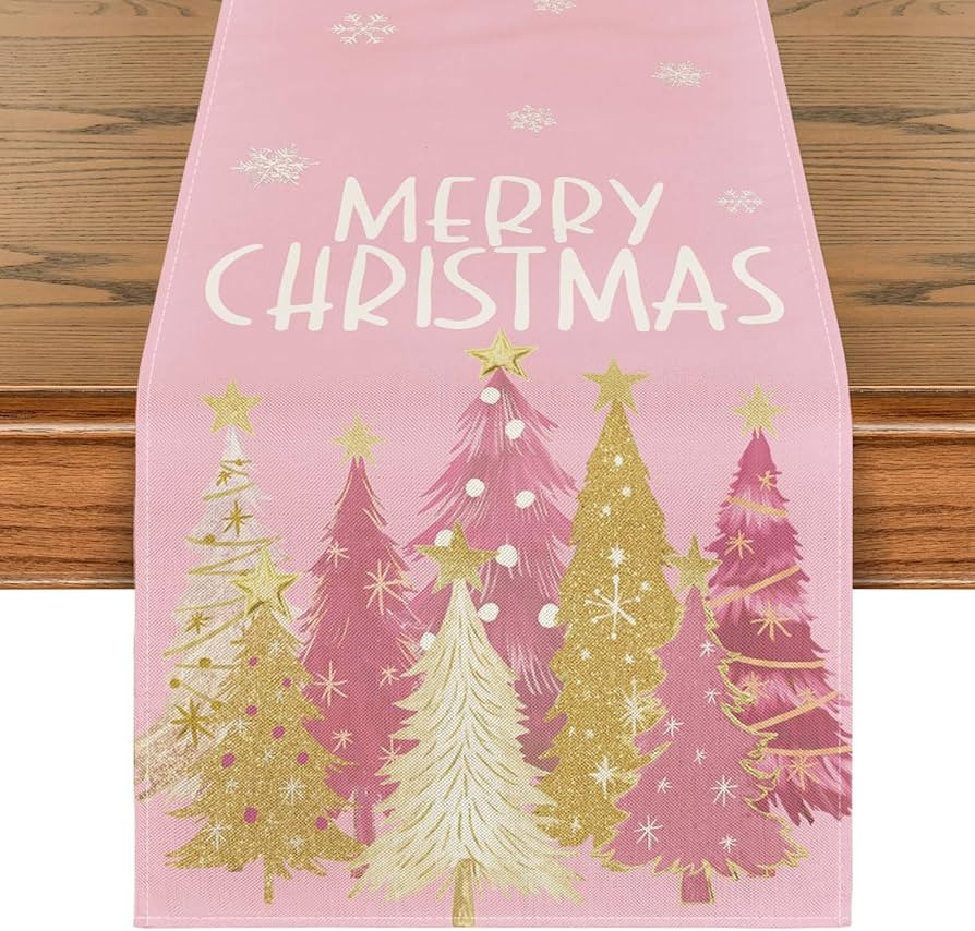 Artoid Mode Xmas Trees Snowflakes Pink Merry Christmas Table Runner, Winter Seasonal Kitchen Dini... | Amazon (US)