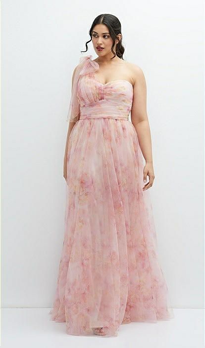 Floral Scarf Tie One-Shoulder Tulle Dress with Long Full Skirt in Rose Garden | The Dessy Group