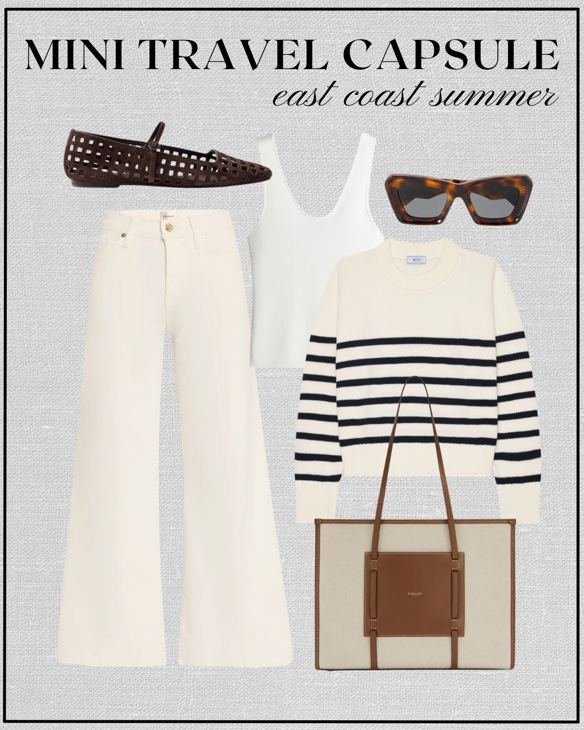 Mini travel capsule: east coast summer outfit inspo 

Summer style / cream wide leg jeans / striped sweater / Demellier tote / ballet flats / elevated style 

#LTKTravel #LTKStyleTip