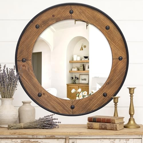 UPPER DECOR Rustic Round Wall Mirror 30 Inch, Natural Wood Frame with Black Metal Trim, Industrial Farmhouse Round Wood Mirror, Decorative Wall Mirror for Bathroom, Living Room, Entryway | Amazon (US)