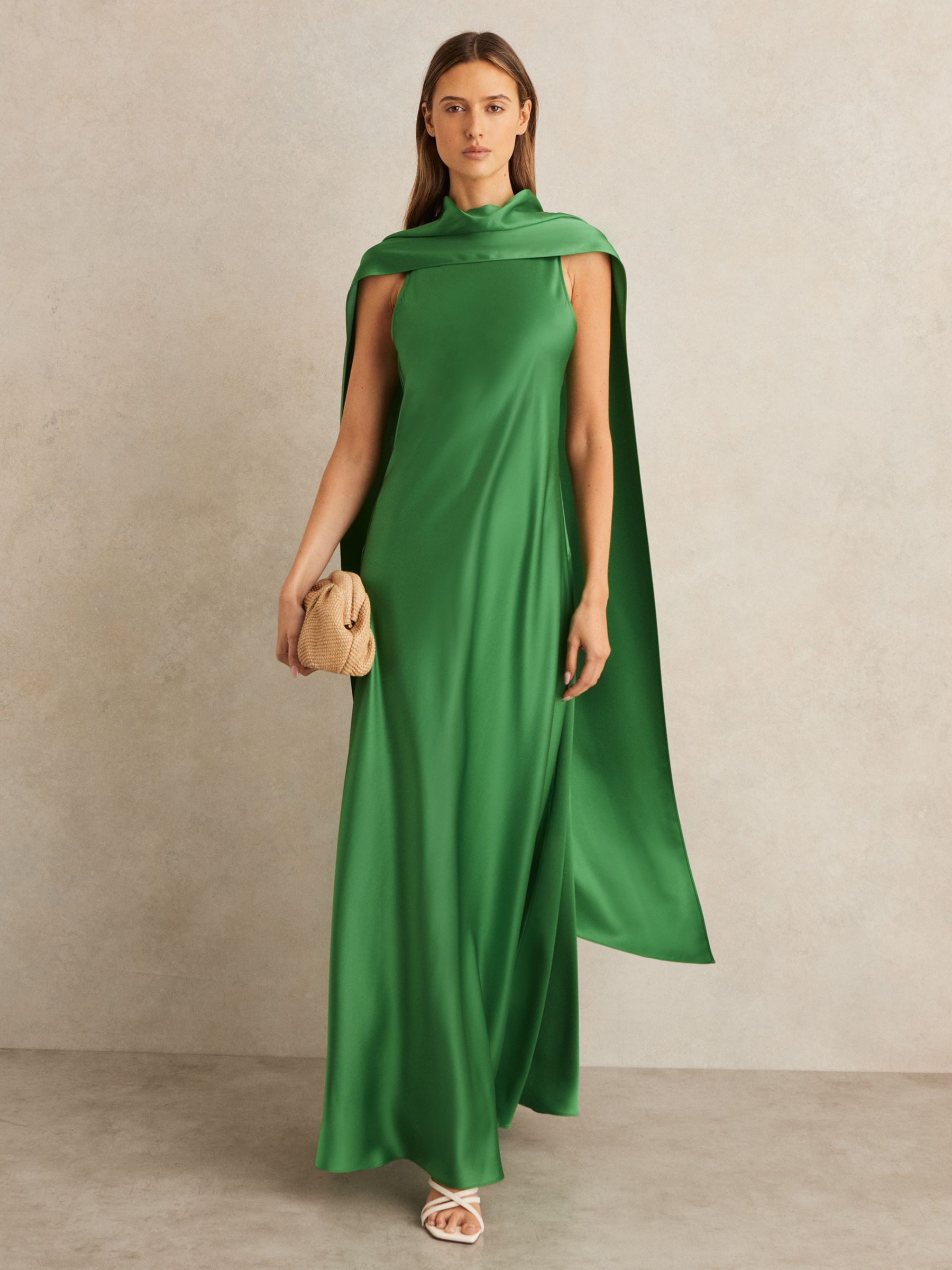 Reiss Satin Cape Maxi Dress in Green | REISS | Reiss US
