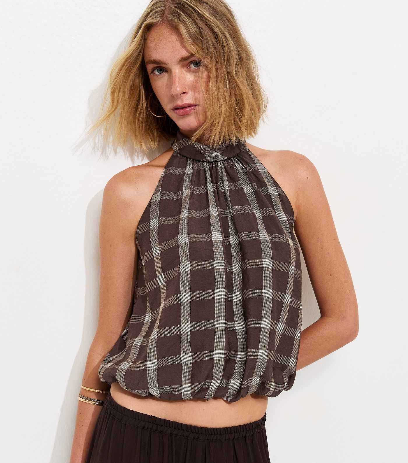 Brown Check Print Bubble Hem Halterneck Top | New Look | New Look (UK)