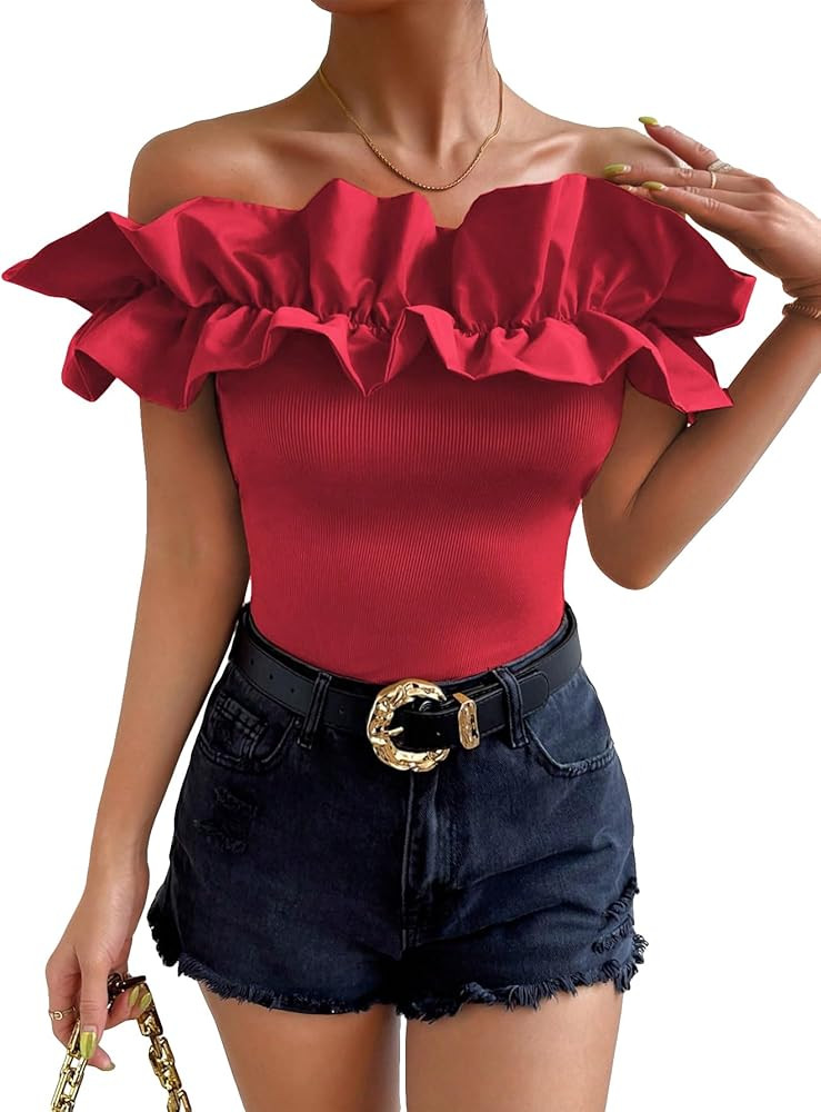 OYOANGLE Women's Ruffle Trim Off Shoulder Short Sleeve Blouse Party Tops Shirt | Amazon (US)
