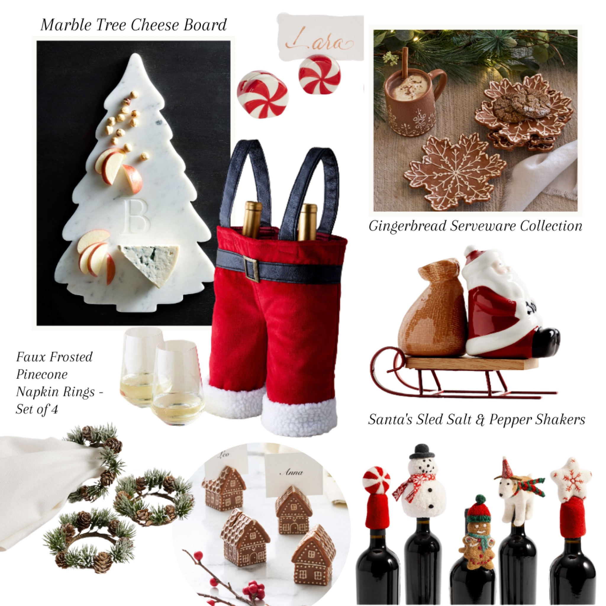 Christmas entertaining Pottery Barn. Serveware. Tabletop. Winter holidays decorating. Gifts for the host hostess. Napkin rings, wreaths, Santa’s pants, salt and pepper shakers, nape tag holders, gingerbread plates, wine toppers, marble tree cheese plates. #holidays #dining

#LTKGiftGuide #LTKparties #LTKHoliday