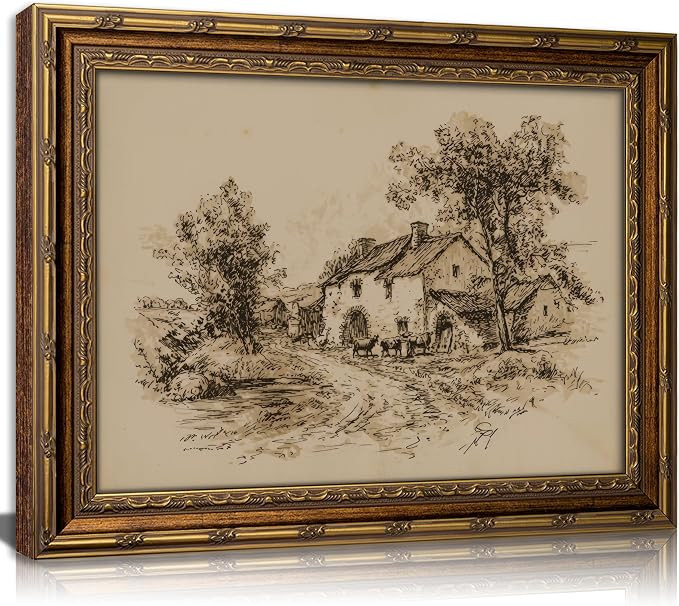 Vintage Gold Framed Farmhouse Sketch Wall Art，Retro Country Cottage with Cattle Canvas Prints, ... | Amazon (US)