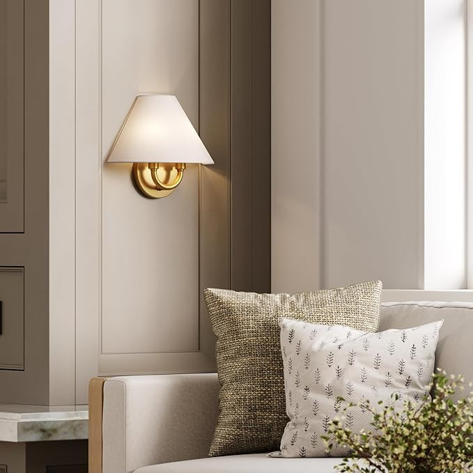Nathan James Shoal Modern Wall Light Fixture with White Linen Lamp Shade and Vintaged Brass Metal... | Amazon (US)