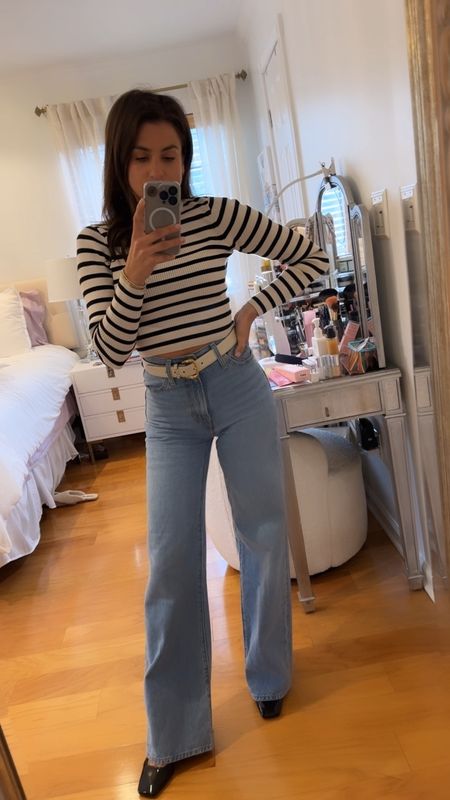 Stripes and wide leg jeans 