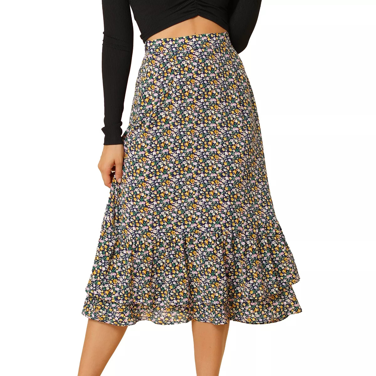 Allegra K Women's Chiffon Elastic Waist Ruffle Tiered Flowy Midi Printed Skirts | Target