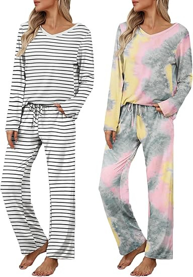 Ekouaer Womens 2 Pack Pajama Set Short & Long Sleeve Pajamas Top and Pants V Neck Pjs Set Soft Lo... | Amazon (US)