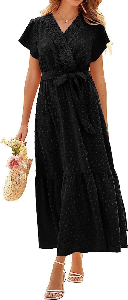 KIRUNDO 2023 Women's Casual Summer Dress Flutter Sleeve Lace Trim Wrap V Neck Belt High Waist Swi... | Amazon (US)