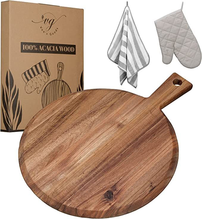 Vees Goods Acacia Wood Cutting Board with Handle - Kitchen Round Bamboo Cutting Board Set include... | Amazon (US)