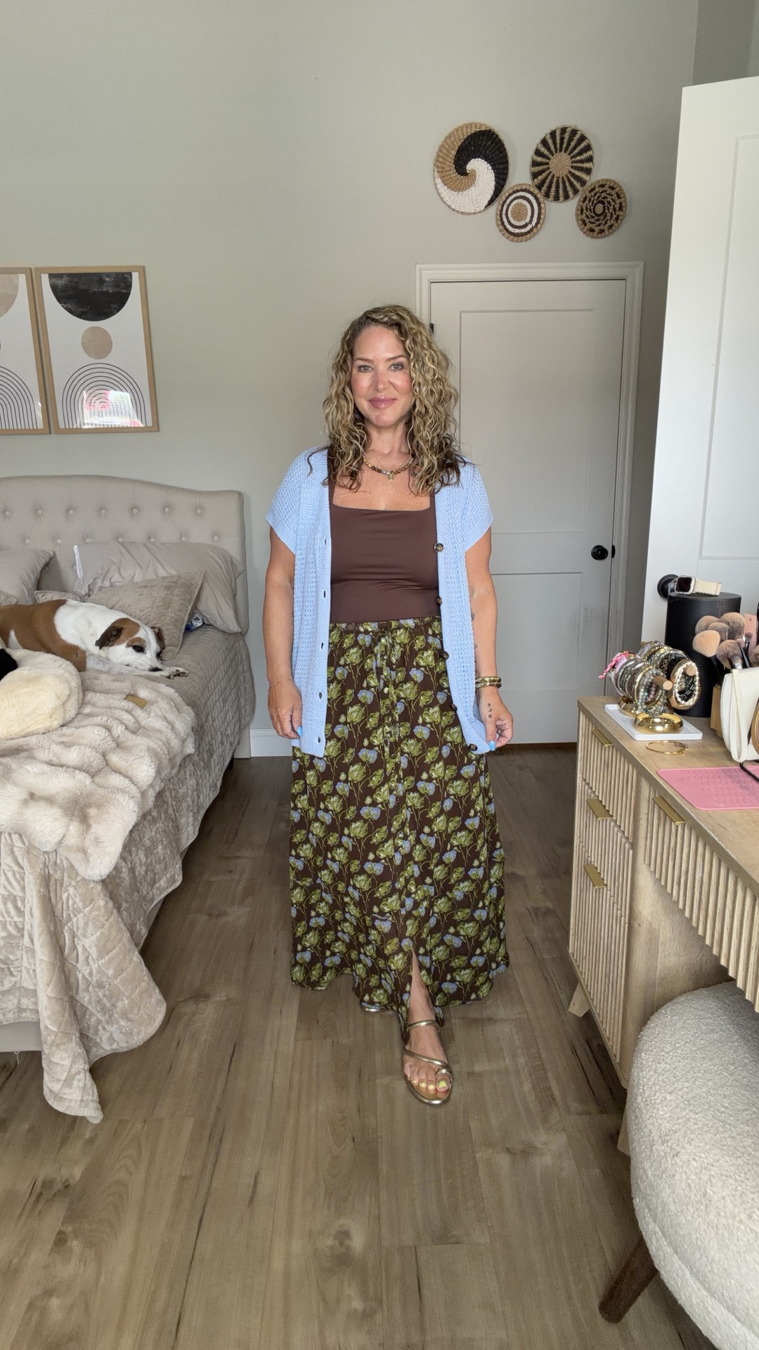 Blue cardigan/floral skirt size large (could size down one in the skirt )  brown tank size large. 
2 piece set size large 
Denim top/red stripe pants size medium. Red tank size large. 
Yellow cardigan and pants size medium. Tank size large 
Shoes tts

#LTKOver40 #LTKMidsize #LTKPetite