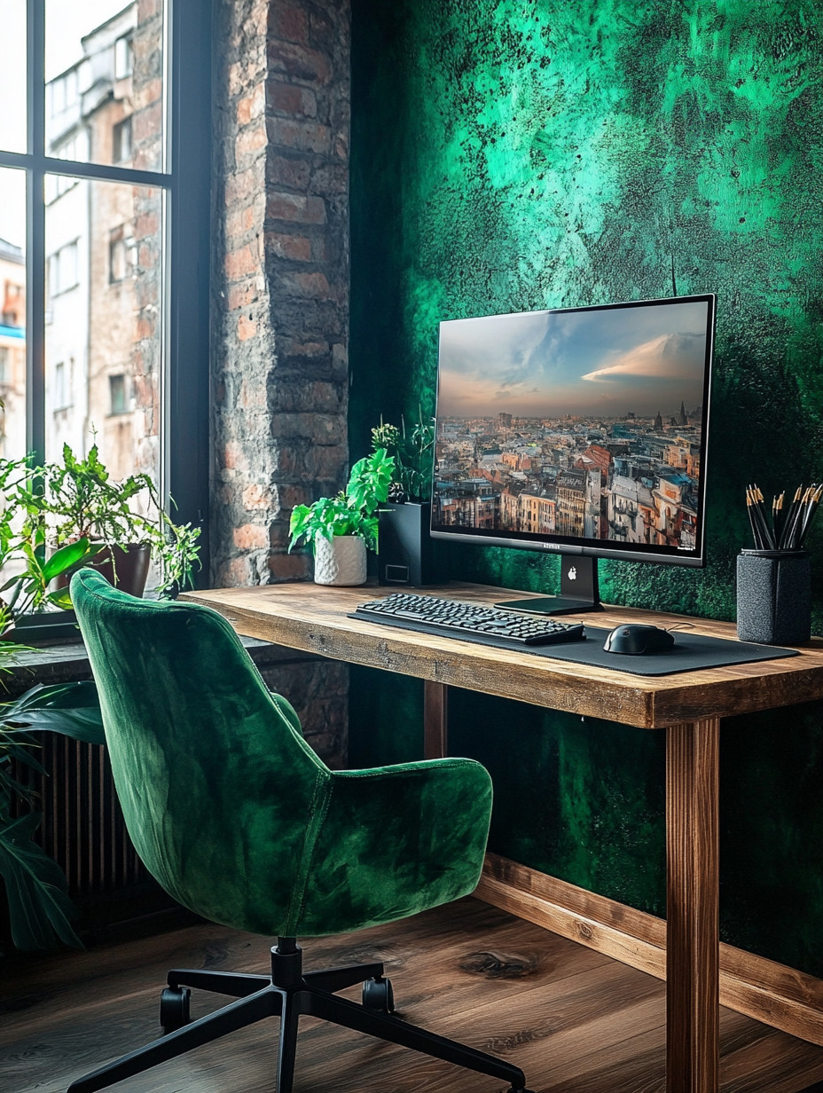 Bold office decor, simplified.
Wood and emerald are the power duo here. A rich emerald velvet chair paired with a warm wooden desk instantly creates a designer-style home office—glamorous, confident, and still minimalist.

That dramatic green wall adds depth and mood, but it’s optional. If bold walls feel like overkill, skip them. The emerald chair alone does the heavy lifting. Against wood, it delivers that editorial, high-end look without trying too hard.

This setup works beautifully in loft-style homes, modern apartments, or even a simple corner that needs personality. It’s proof that you don’t need excess—just one strong statement piece done right.

#HomeOfficeDecor
#EmeraldChair
#BoldInteriors
#DesignerOffice
#MinimalistLuxury
#WorkFromHomeStyle
#ModernOffice
#WoodAndGreen
#LoftStyleDecor
#CreativeWorkspace
#ElegantInteriors 

 #LTKHome