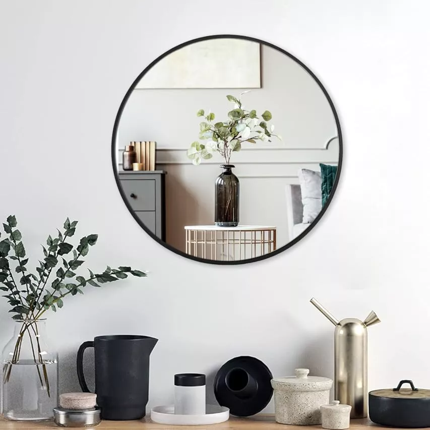  Growsun Black Round Mirror 24 inch, Wall Mounted