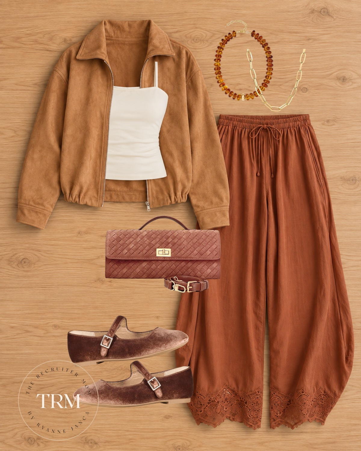 Suede jacket + rust lace-trim pants 🍂 All the warm fall tones in one outfit! The velvet Mary Janes and woven bag are the best fall finishing touches 🤎 

 