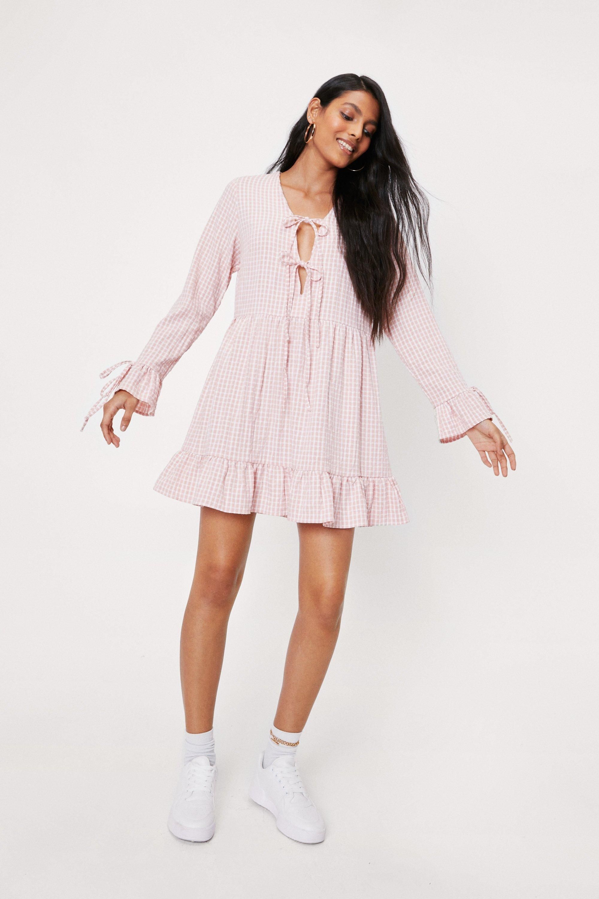 Tie Detail Tiered Check Mini Dress | Nasty Gal Canada