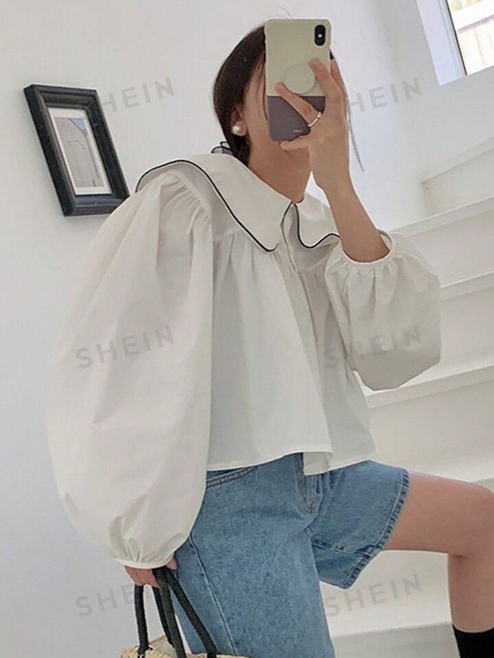 DAZY Contrast Binding Statement Collar Lantern Sleeve Shirt | SHEIN