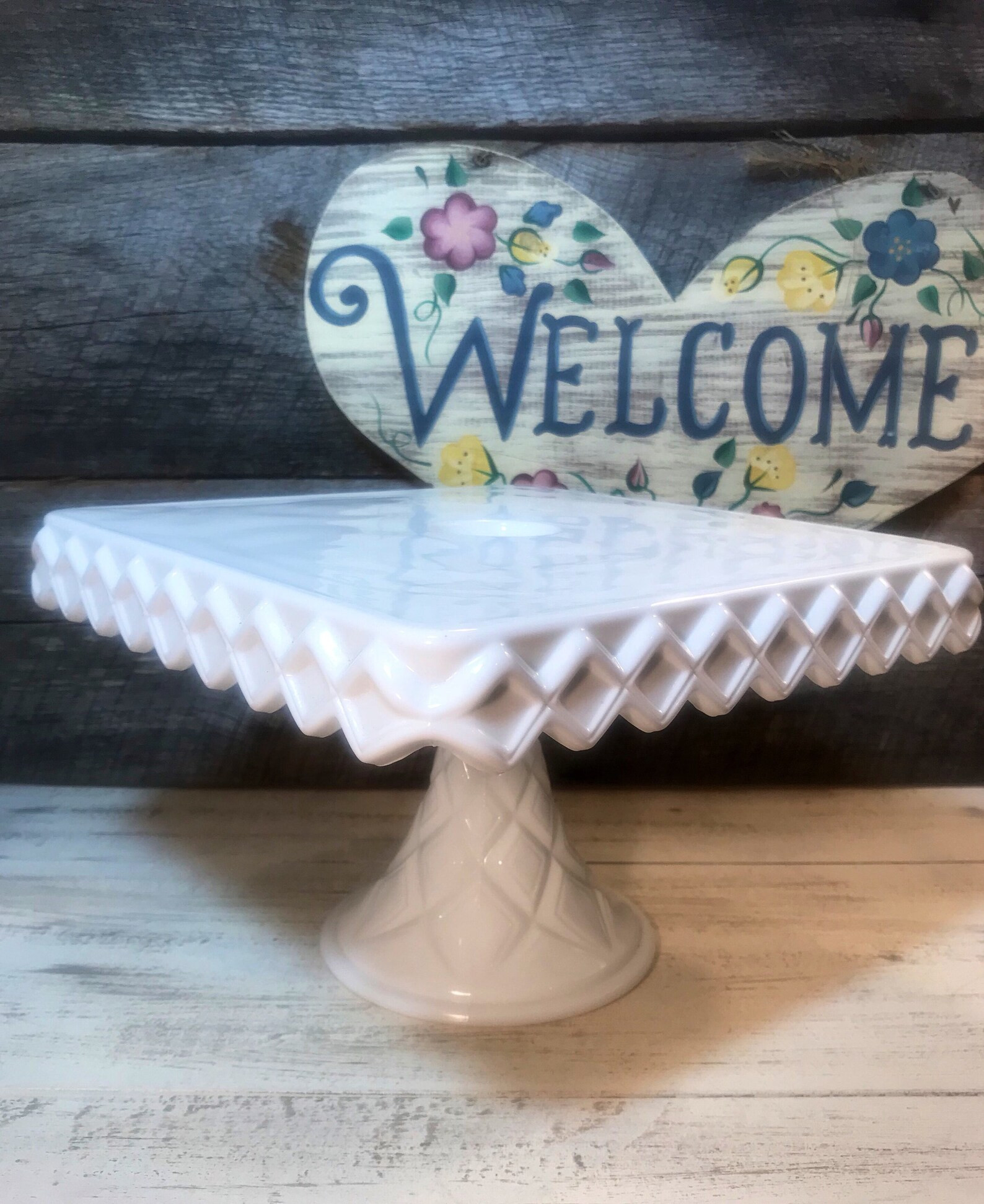 GORGEOUS Indiana Glass SQUARE Milk Glass Cake Stand with DIAMOND pattern edge and pedestal featur... | Etsy (US)