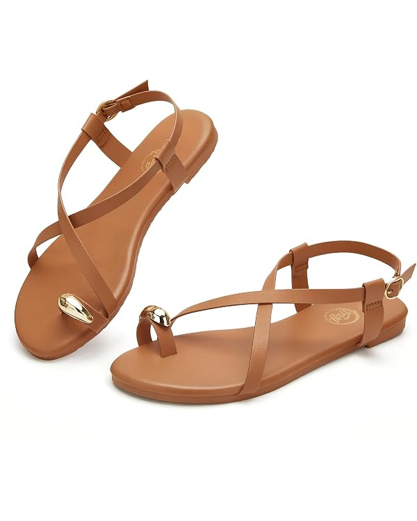 Trary Women's Flat Sandals with Adjustable Buckle, Cross Strap Strappy Sandals Summer Casual Comf... | Amazon (US)