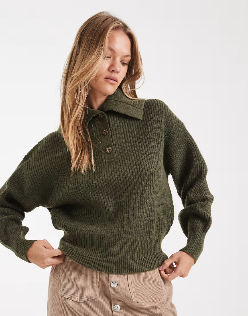 ASOS DESIGN sailor collar fisherman rib knit sweater in khaki green | ASOS (Global)