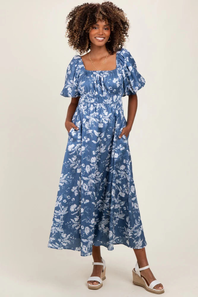 Blue Floral Puff Sleeve Maternity Midi Dress | PinkBlush Maternity