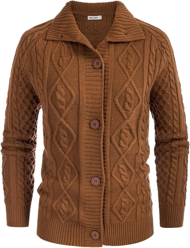 GRACE KARIN Women's Button Down Chunky Cable Knit Cardigan Long Sleeve Stand Collar Cardigan Sweater | Amazon (US)