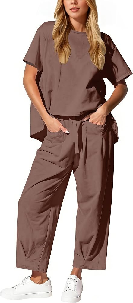 Eutten Women\u2019s 2 Piece Travel Lounge Sets Short Sleeve Shirt Top Wide Leg Barrel Pants Set C... | Amazon (US)