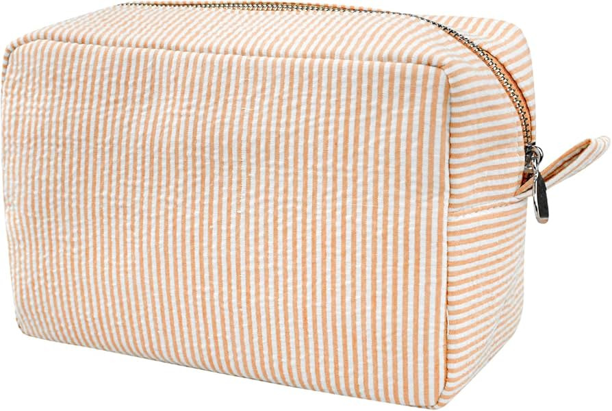 GFU Cosmetic Bags for Women, Seersucker Cosmetic Bag, Travel Toiletry Stripe Makeup Bag, Large Wo... | Amazon (US)