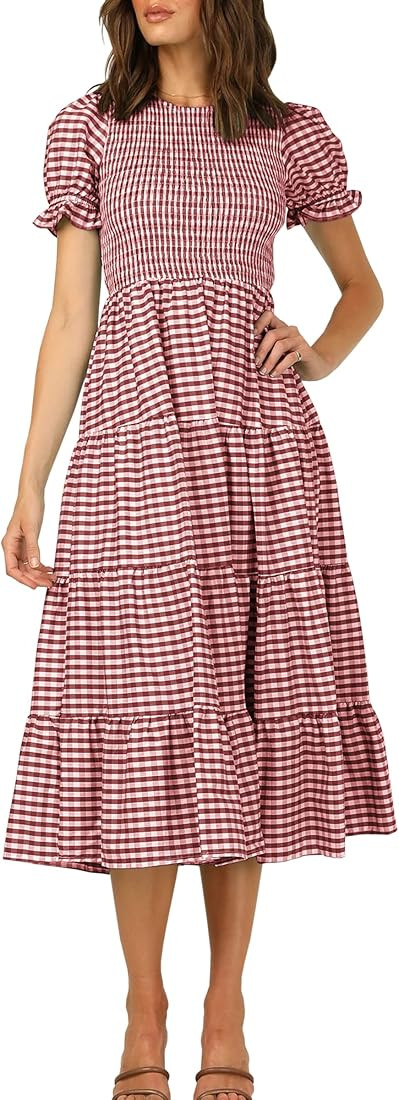 CCTOO Women's 2023 Summer Dresses Casual Plaid Round Neck Short Puff Sleeve Ruffled Flowy Pleated... | Amazon (US)