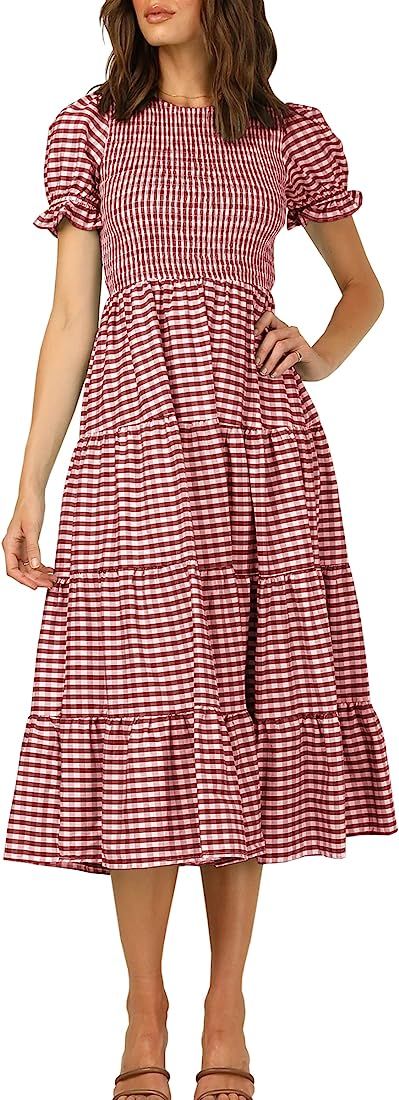 CCTOO Women's 2023 Summer Dresses Casual Plaid Round Neck Short Puff Sleeve Ruffled Flowy Pleated... | Amazon (US)