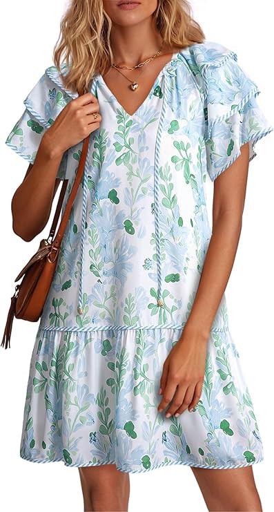 Dokotoo Womens Summer Dresses 2026 Boho Floral V Neck Drawstring Ruffle Short Sleeve Casual A-Lin... | Amazon (US)