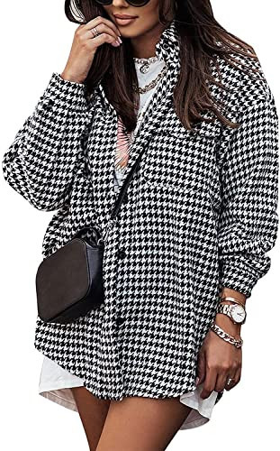 Yimoon Plaid Jacket Women Casual Houndstooth Jacket Flannel Shacket Loose Long Sleeve Shirt Button Down Shacket With Pockets(Black-XS) | Amazon (US)