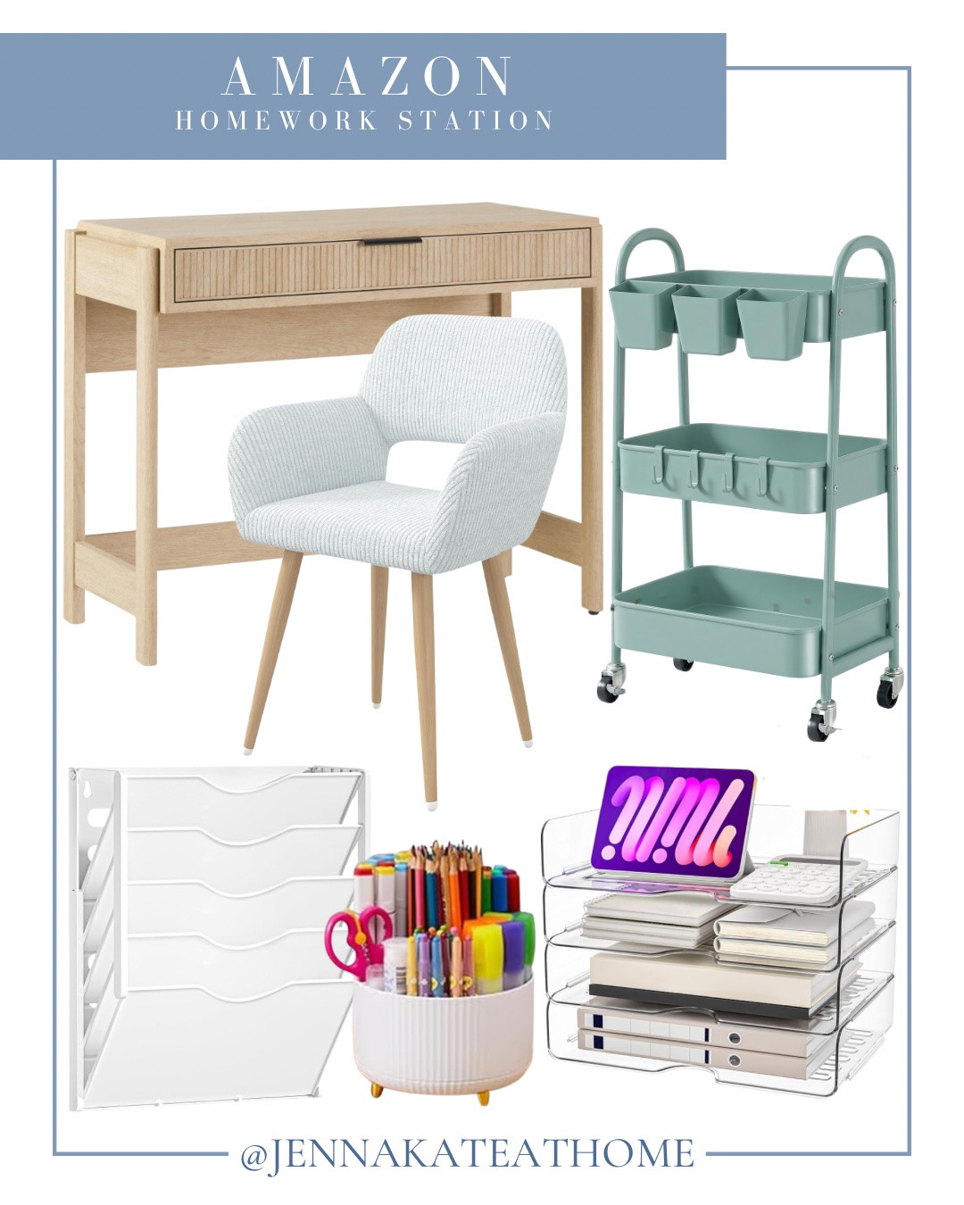 Homework station finds from Amazon include file holder, desk, desk chair, rolling cart, and pencil holder.

Back to school, home decor, looks for less, kids must haves

#LTKHome #LTKSeasonal #LTKSaleAlert