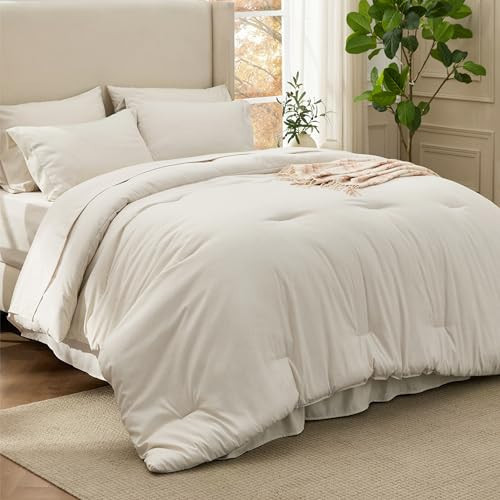 Bedsure Queen Comforter Set Beige - Bed in a Bag Queen Size Bedding 7 Pieces, Cationic Dyed Bed Set Gift for Family, Beige Soft Bedding for All Seasons Comforter with Sheets, Pillowcases & Shams | Amazon (US)