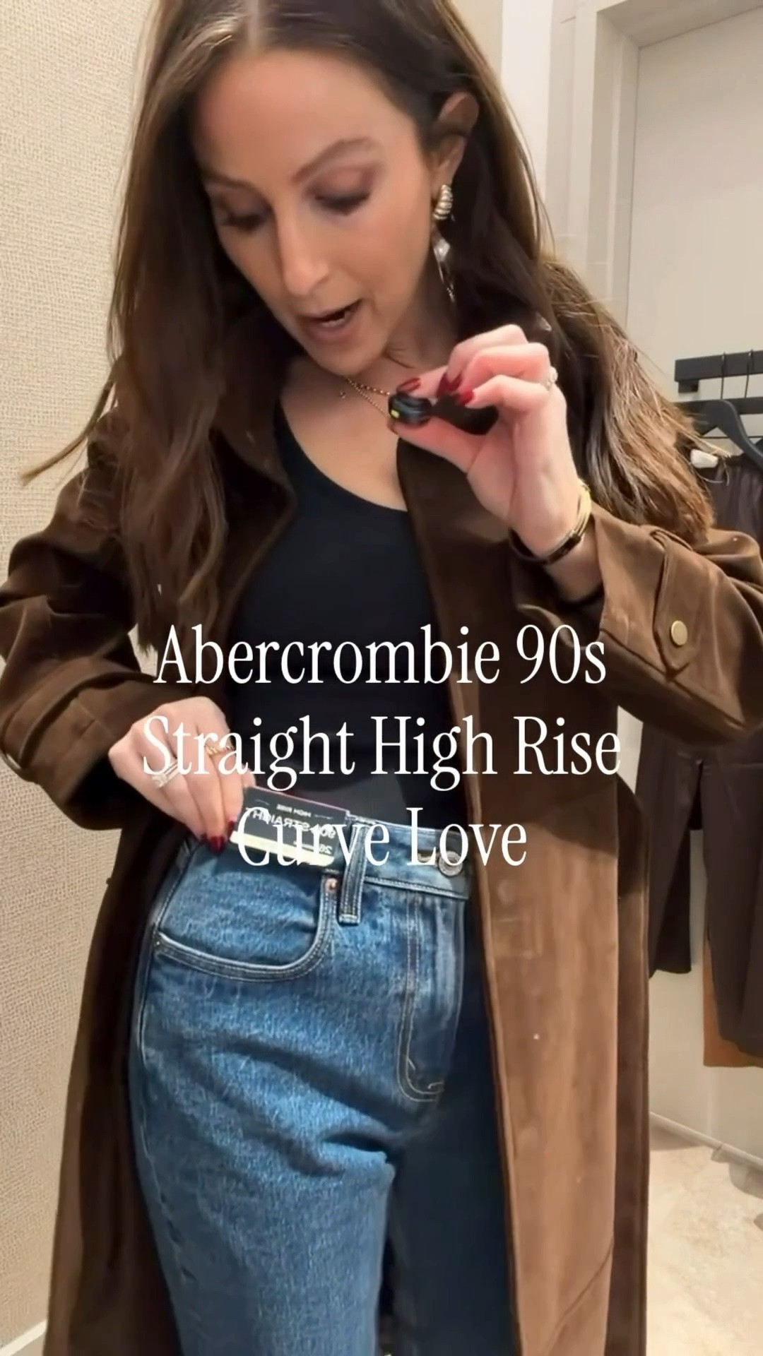 Abercrombie 90s straight high rise. These are the curve love so they’re a little big through my hips. I sized down one. The tank and jacket are true to size.