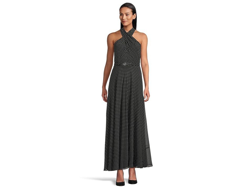 Lauren Ralph Lauren Polka Dot Belted Georgette Halter Gown Women's Dress Black/Cream : 14, Polyester | Zappos