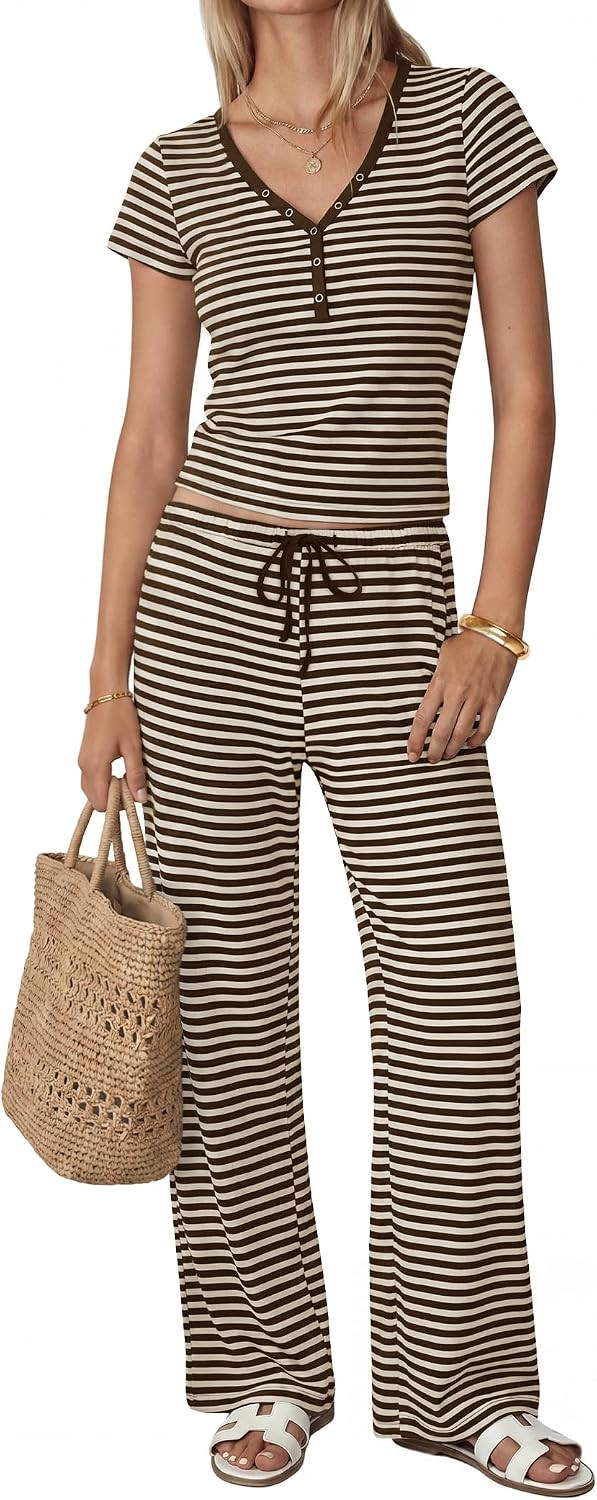 Womens Two Piece Set Striped Short Sleeve V Neck Top Wide Leg Pants Sets Cotton Matching Lounge Pj Set Travel | Amazon (US)
