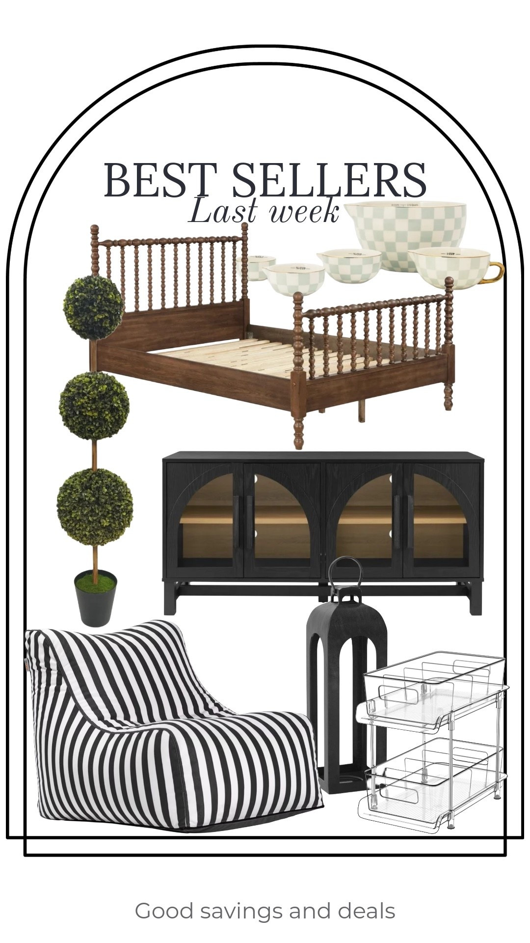 Best sellers last week include the beautiful spindle bedroom collection. Tv stand that looks high end. Cast iron lanterns. Black and white striped outdoor bean bag chair that’s weather restistant. Checkered measuring bowls set. Topiary.

#LTKSaleAlert #LTKHome #LTKSeasonal