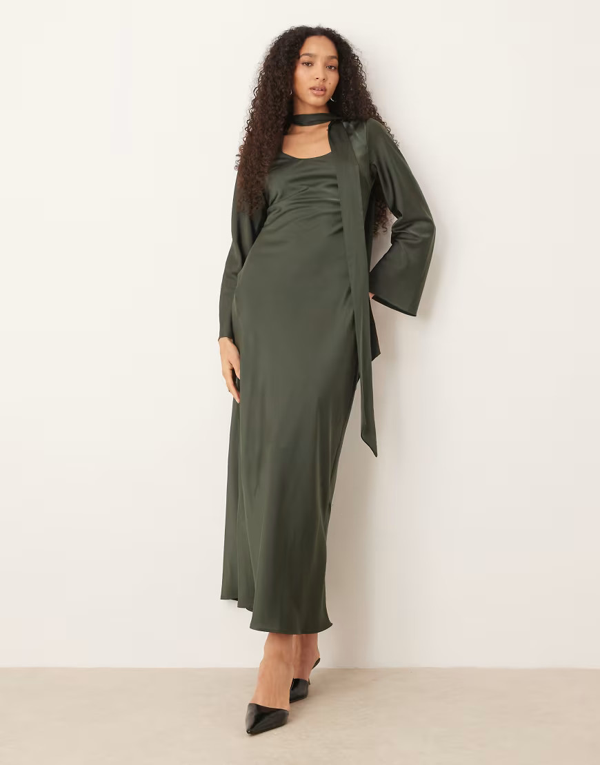 ASOS DESIGN v neck scarf detail long sleeve maxi dress in dark green-No color | ASOS (Global)