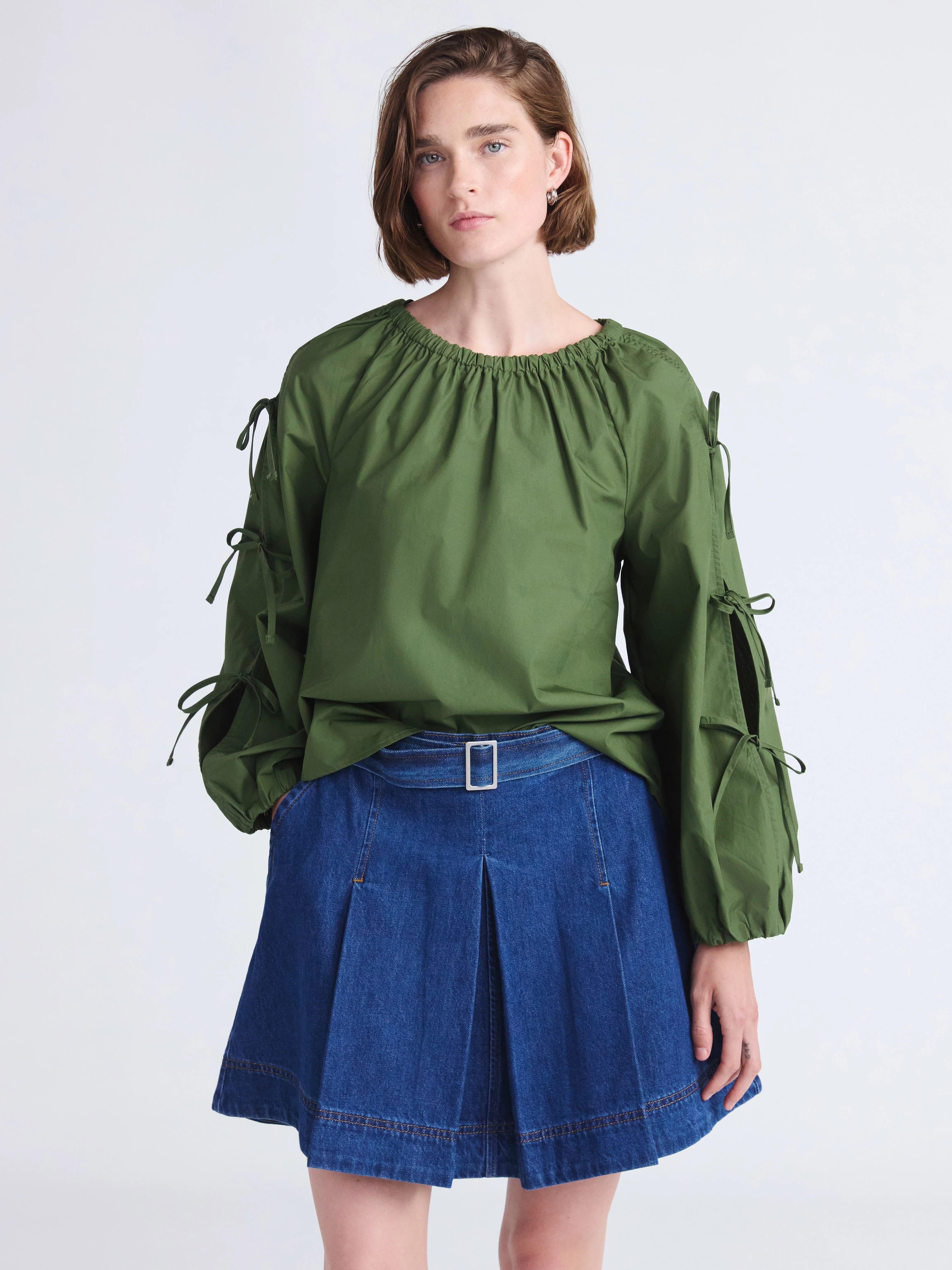 Free Assembly Women's and Women's Plus Gathered Neck Cotton Top with Long Tie Sleeves, Sizes XS-4... | Walmart (US)