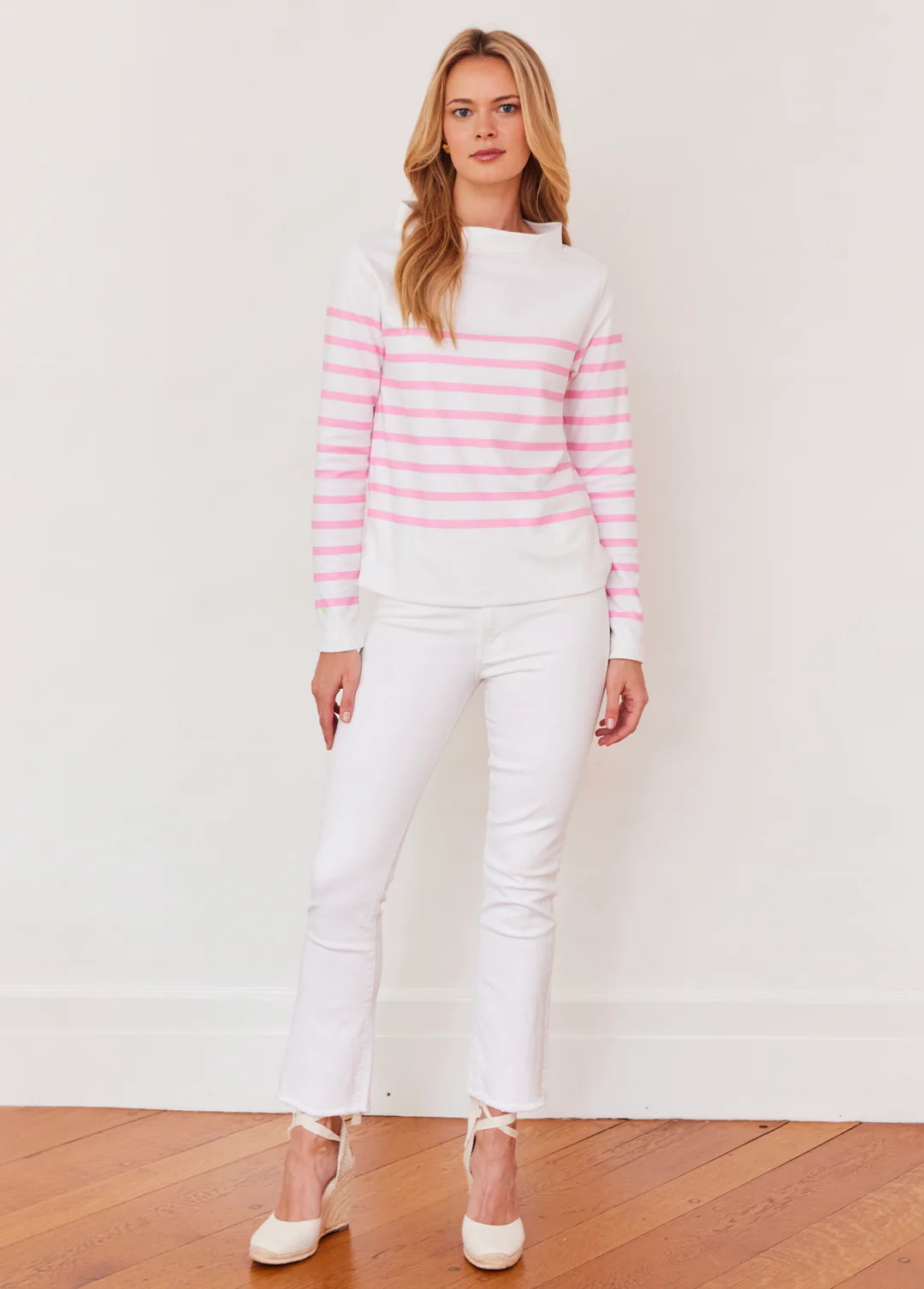 Brighton Boatneck in Terry Fleece (White/Prism Pink Placed Stripe) | Dudley Stephens