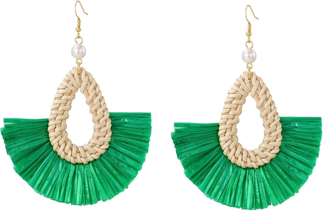 Coiris Boho Statement Dangle Earrings for Women Peal Raffia Tassel Rattan Drop Earrings Bohemian ... | Amazon (US)