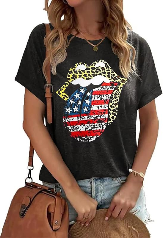EIGIAGWNG Womens American Flag Lips T-Shirt Funny July 4th Independence Day Graphic Tees Tops | Amazon (US)